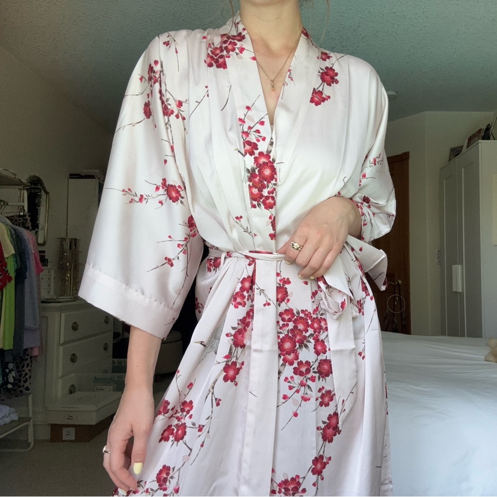 Pale Pink & Red Cherry Blossom Satin Kimono Dress… - image 1